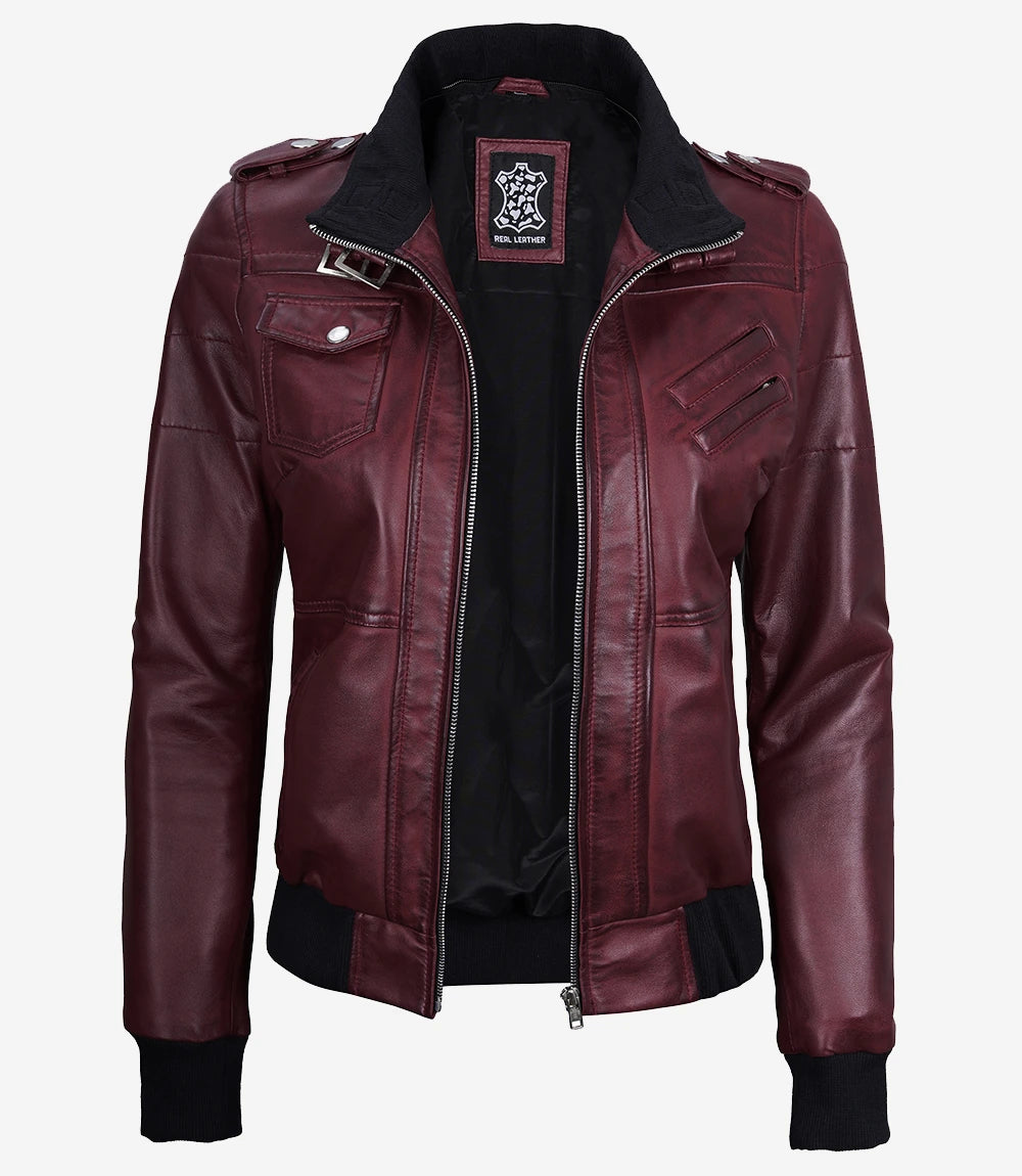 Women's Burgundy Bomber Leather Jacket with Removable Hood