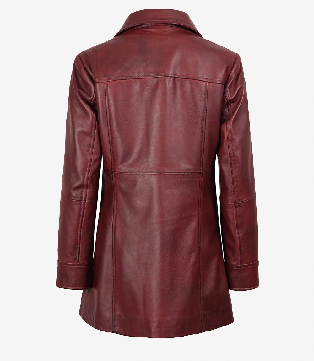 Women's Burgundy Real Leather Car Coat – 3/4 Length