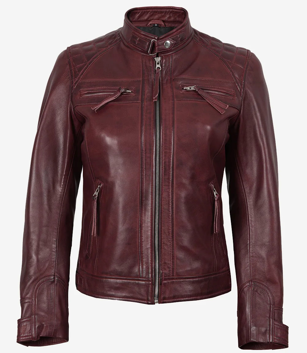 Women's Burgundy Quilted Cafe Racer Leather Jacket