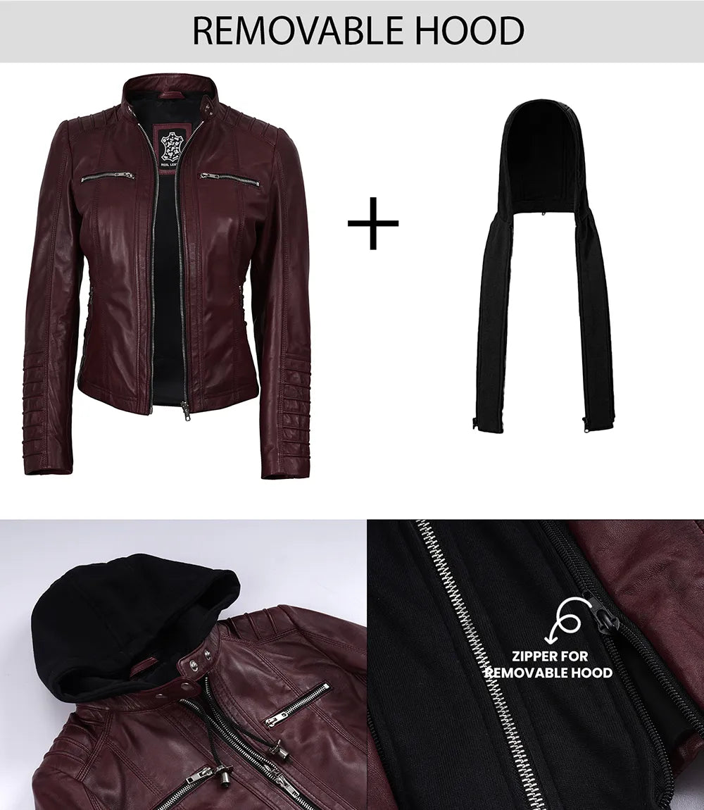 Women's Burgundy Wax Real Leather Jacket - Removable Hood
