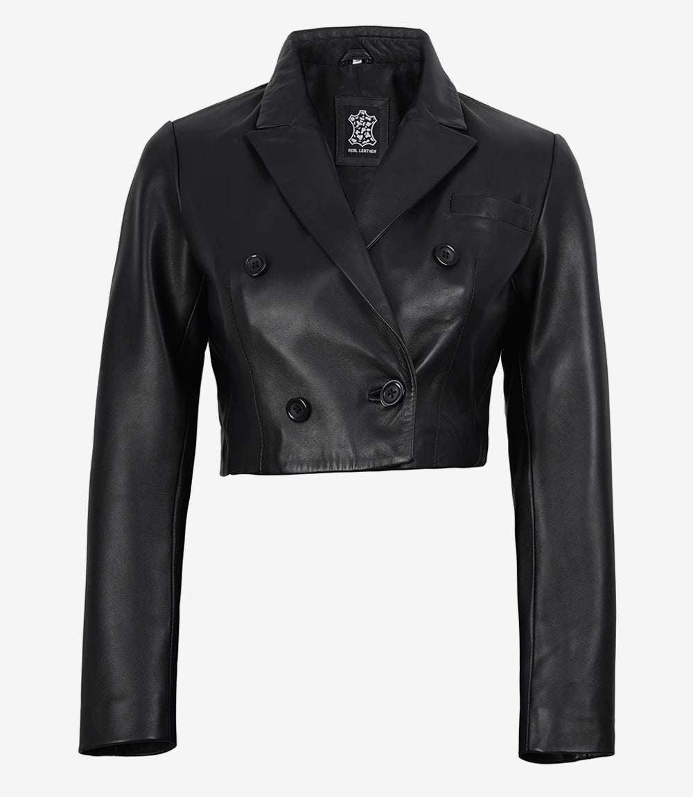 Women's Black Cropped Double Breasted Lambskin Leather Jacket