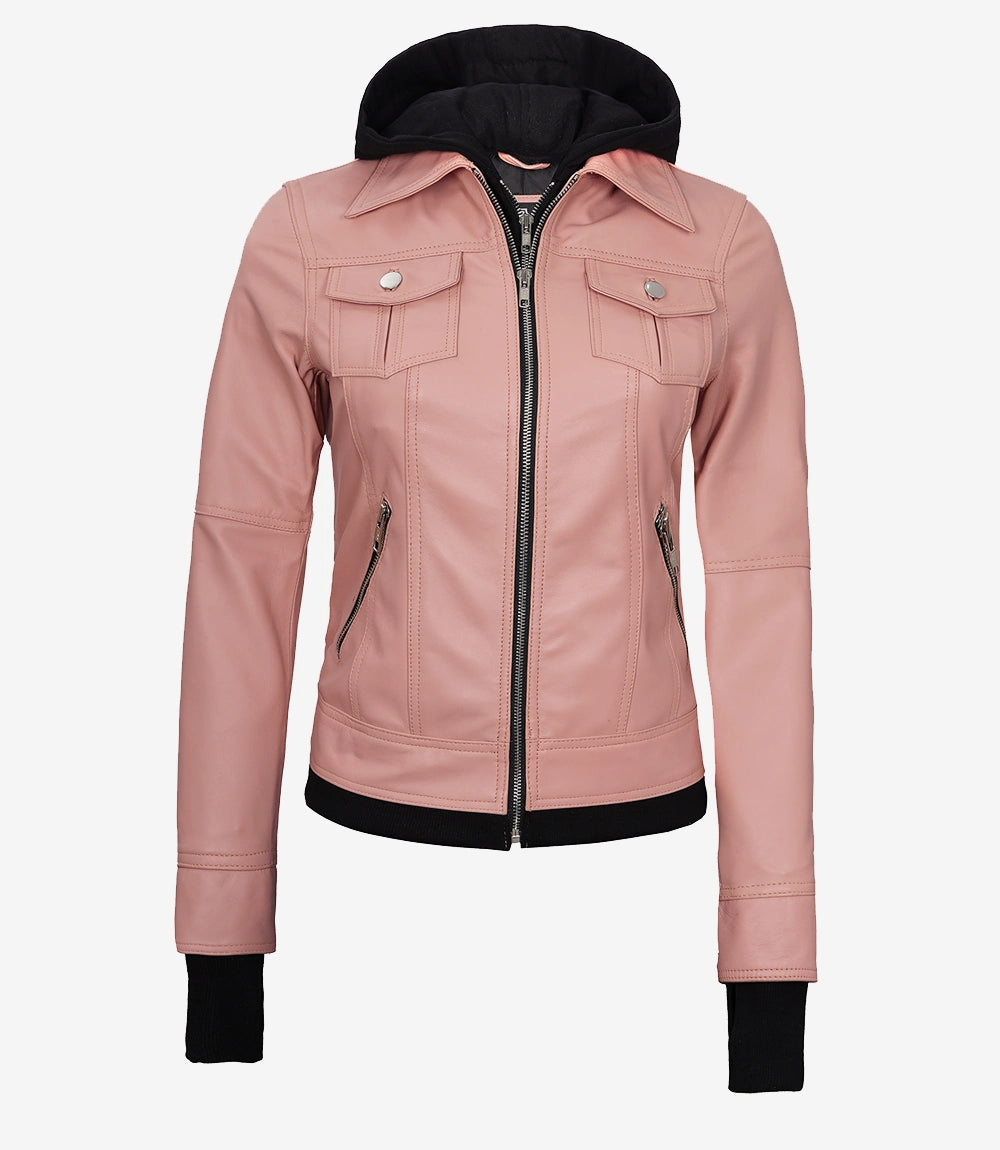 Women's Bomber Pink Real Leather Jacket with Hood