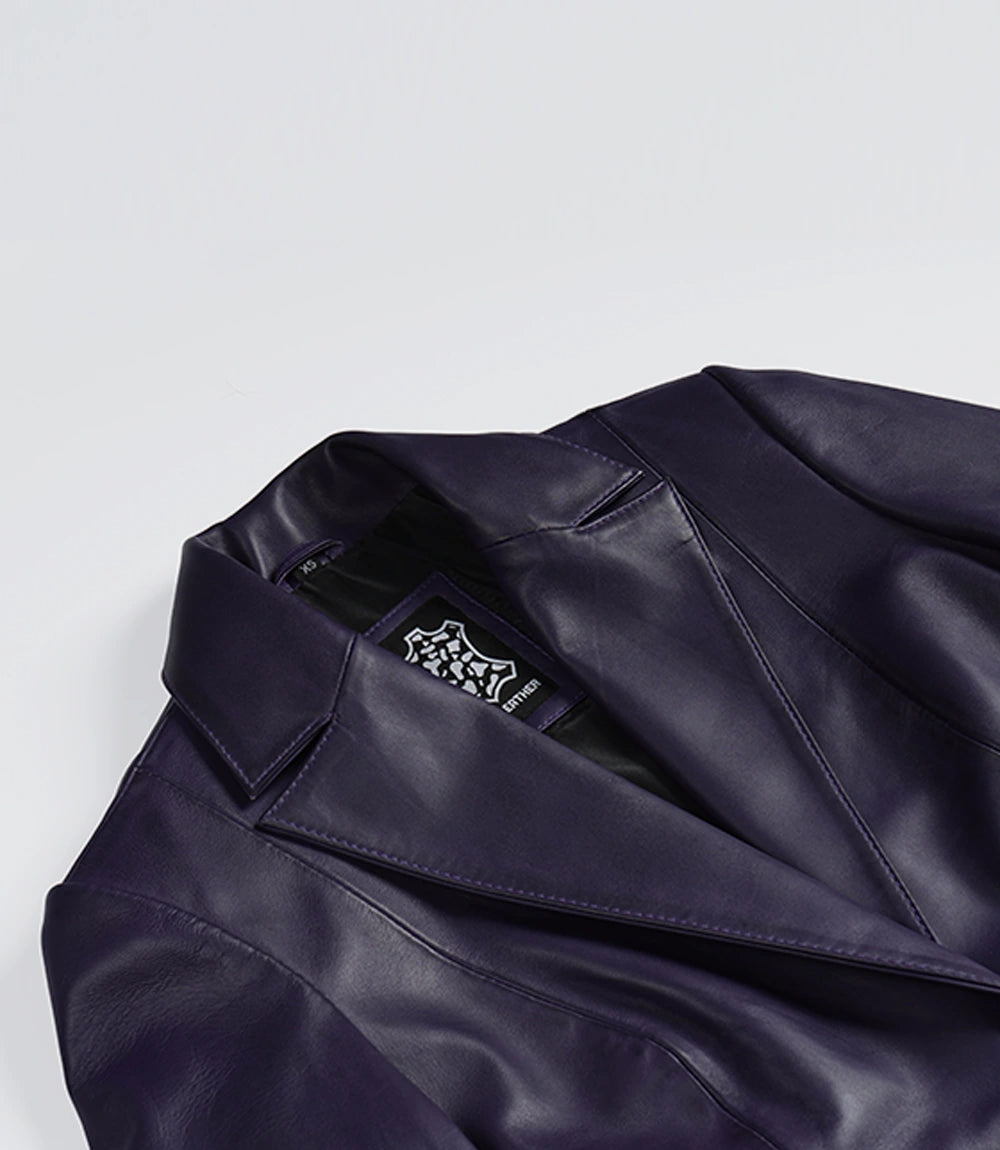 Women's Single Button Purple Real Leather Blazer