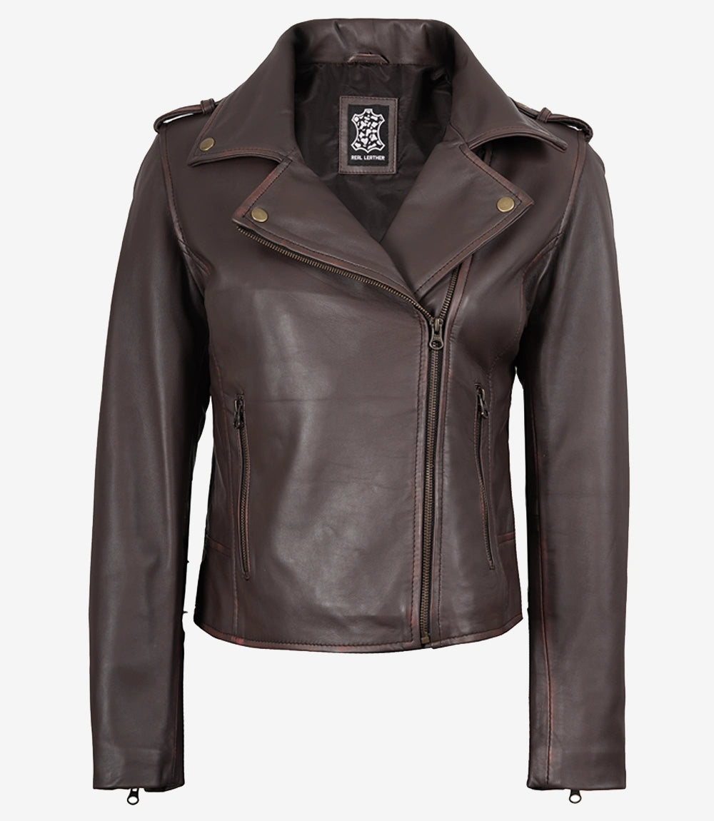 Women's Dark Brown Asymmetrical Leather Biker Jacket