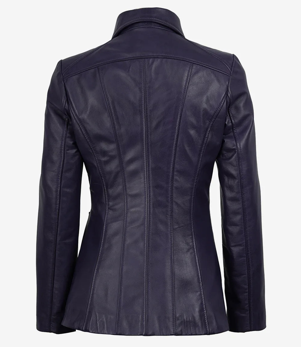 Women's Purple Real Leather Car Coat with Shirt Collar