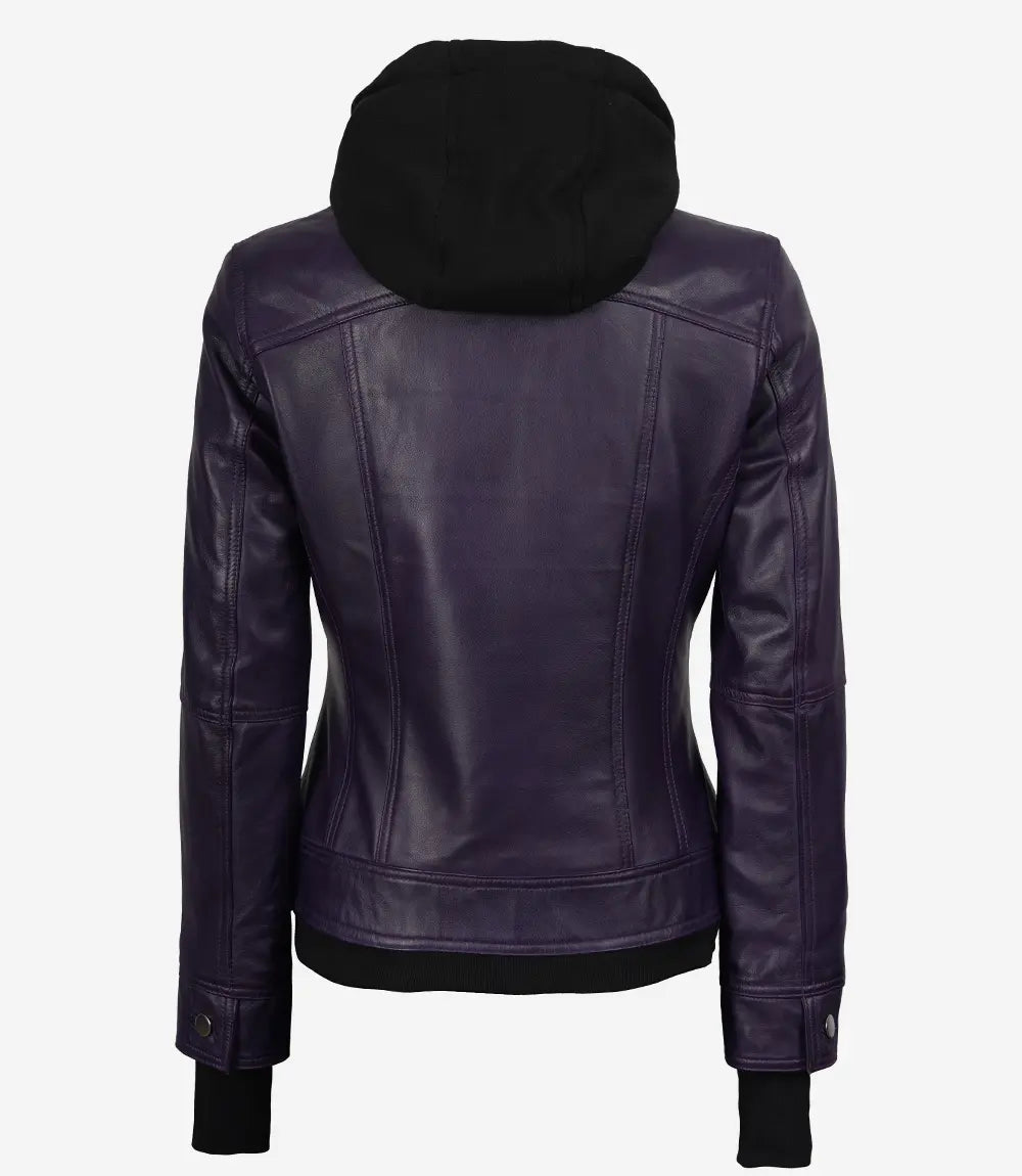 Women's Purple Hooded Leather Jacket — Removable Hood, Thumbhole Cuffs