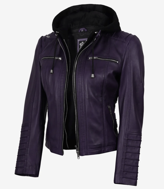Women's Purple Lambskin Leather Jacket with Detachable Hood