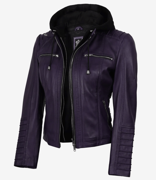 Women's Purple Lambskin Leather Jacket with Detachable Hood