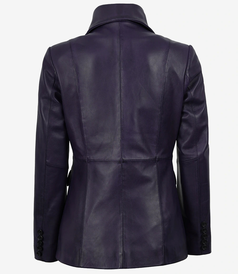 Women's Single Button Purple Real Leather Blazer
