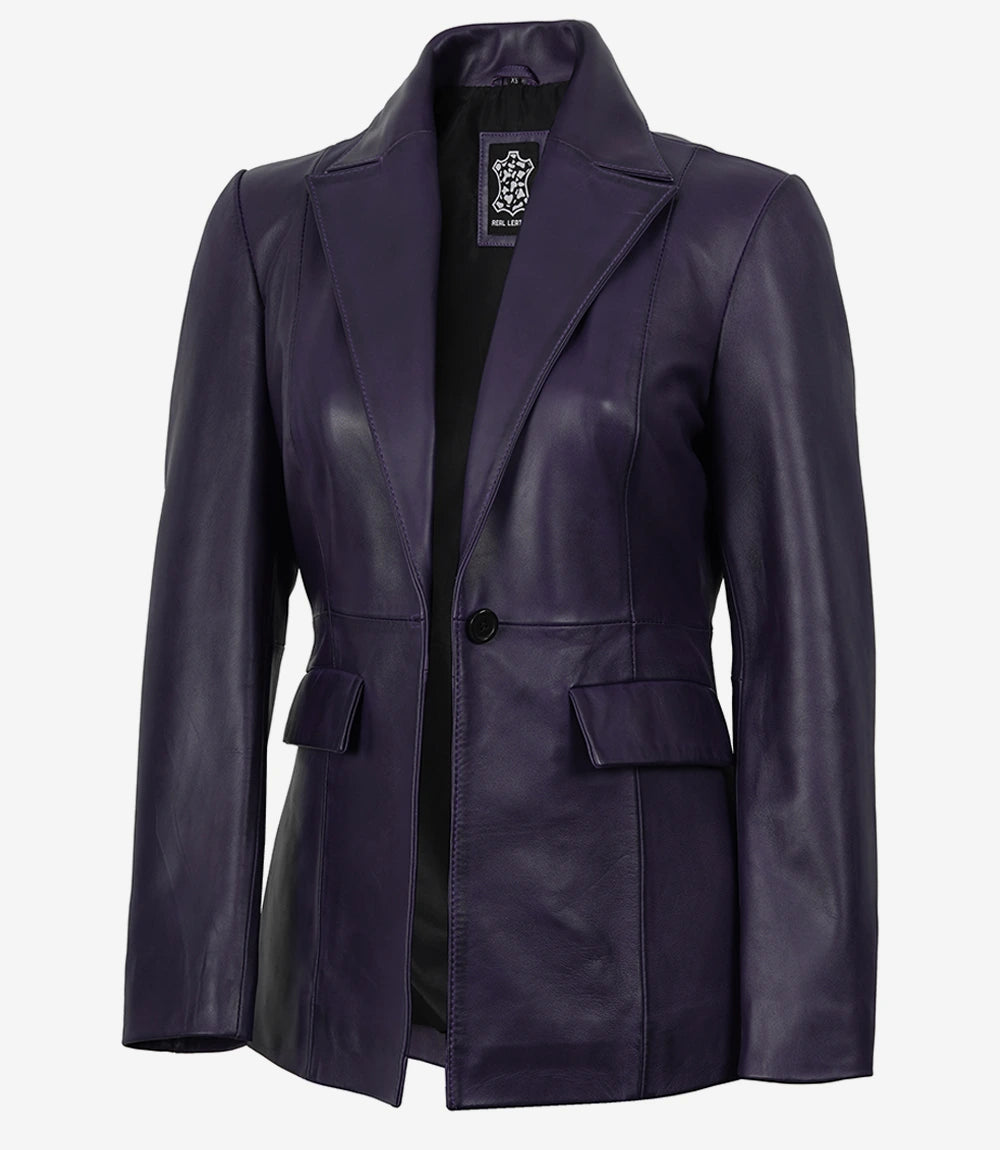 Women's Single Button Purple Real Leather Blazer