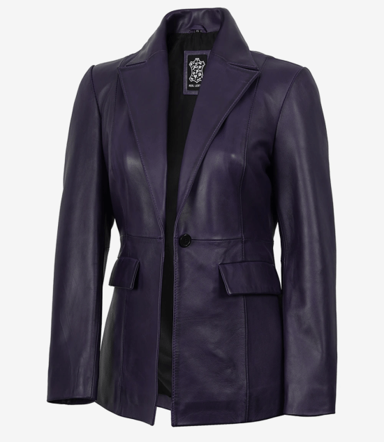 Women's Single Button Purple Real Leather Blazer