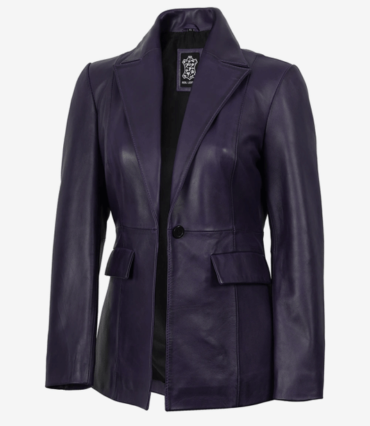 Women's Single Button Purple Real Leather Blazer