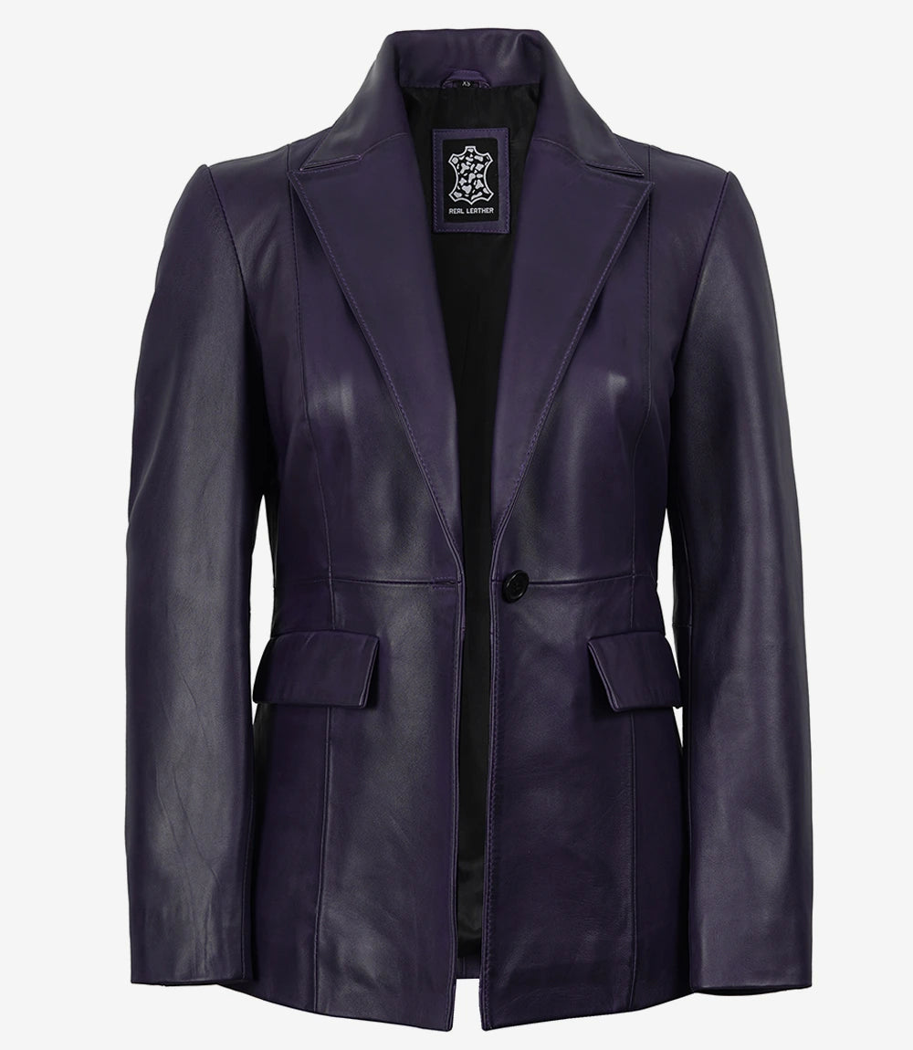 Women's Single Button Purple Real Leather Blazer