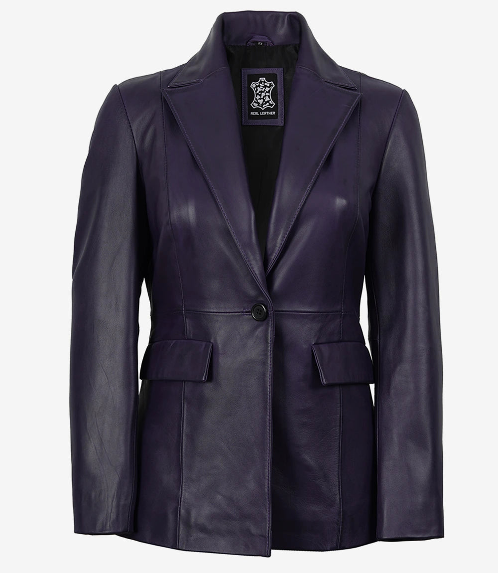 Women's Single Button Purple Real Leather Blazer