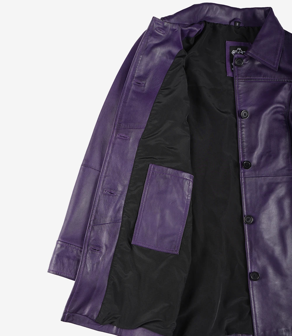 Women Leather Purple 3/4 Length Car Coat
