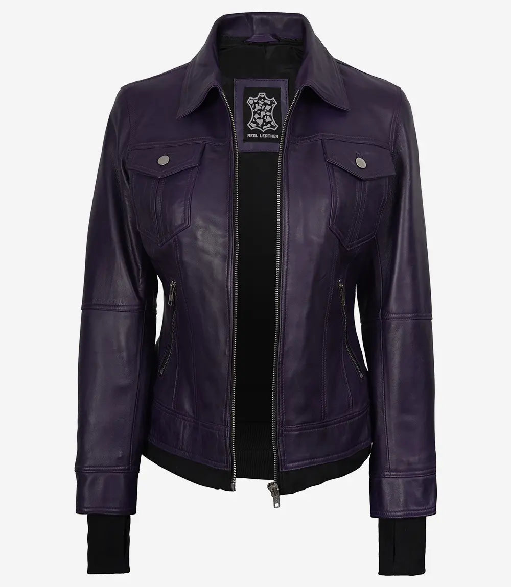 Women's Purple Hooded Leather Jacket — Removable Hood, Thumbhole Cuffs