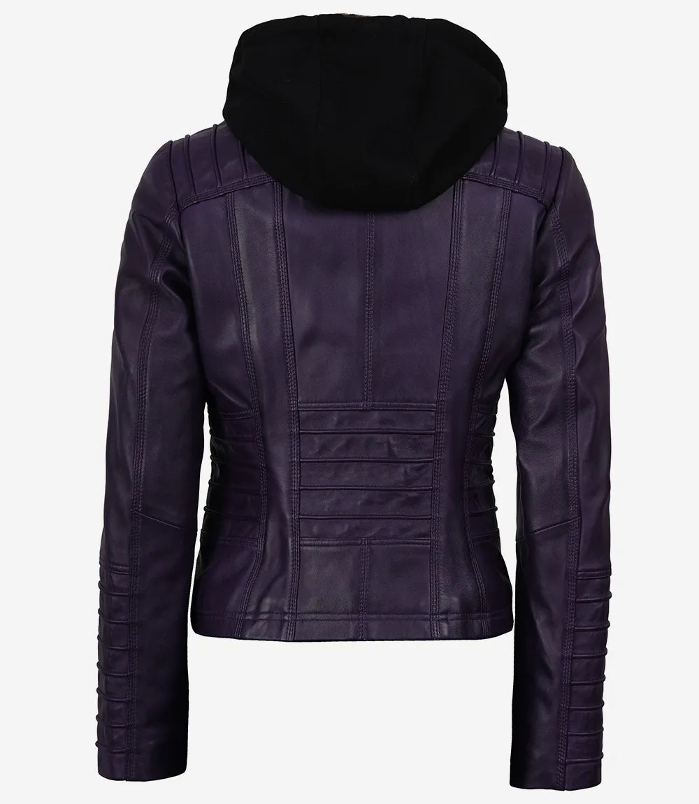 Women's Purple Lambskin Leather Jacket with Detachable Hood
