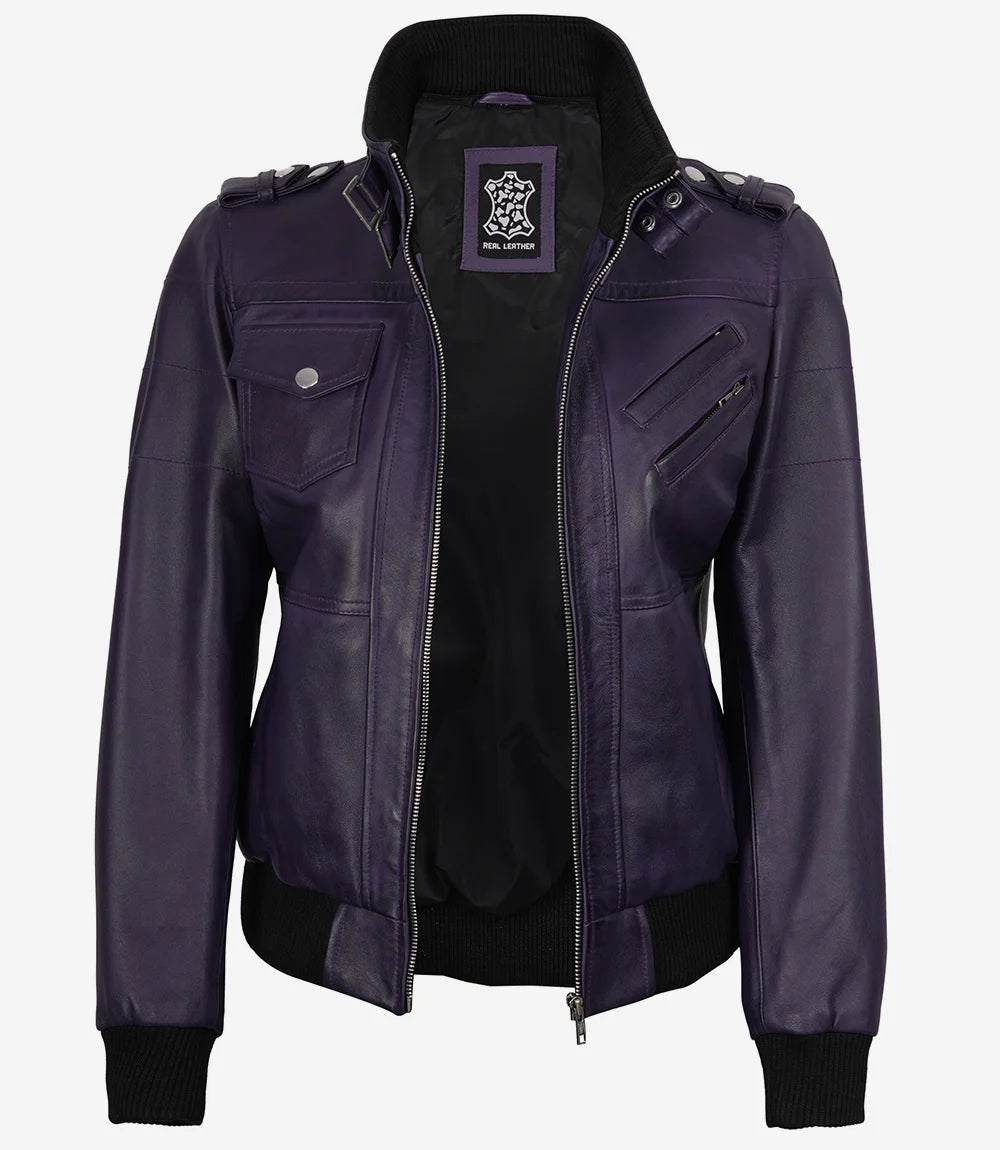 Women's Purple Leather Jacket — Removable Hood