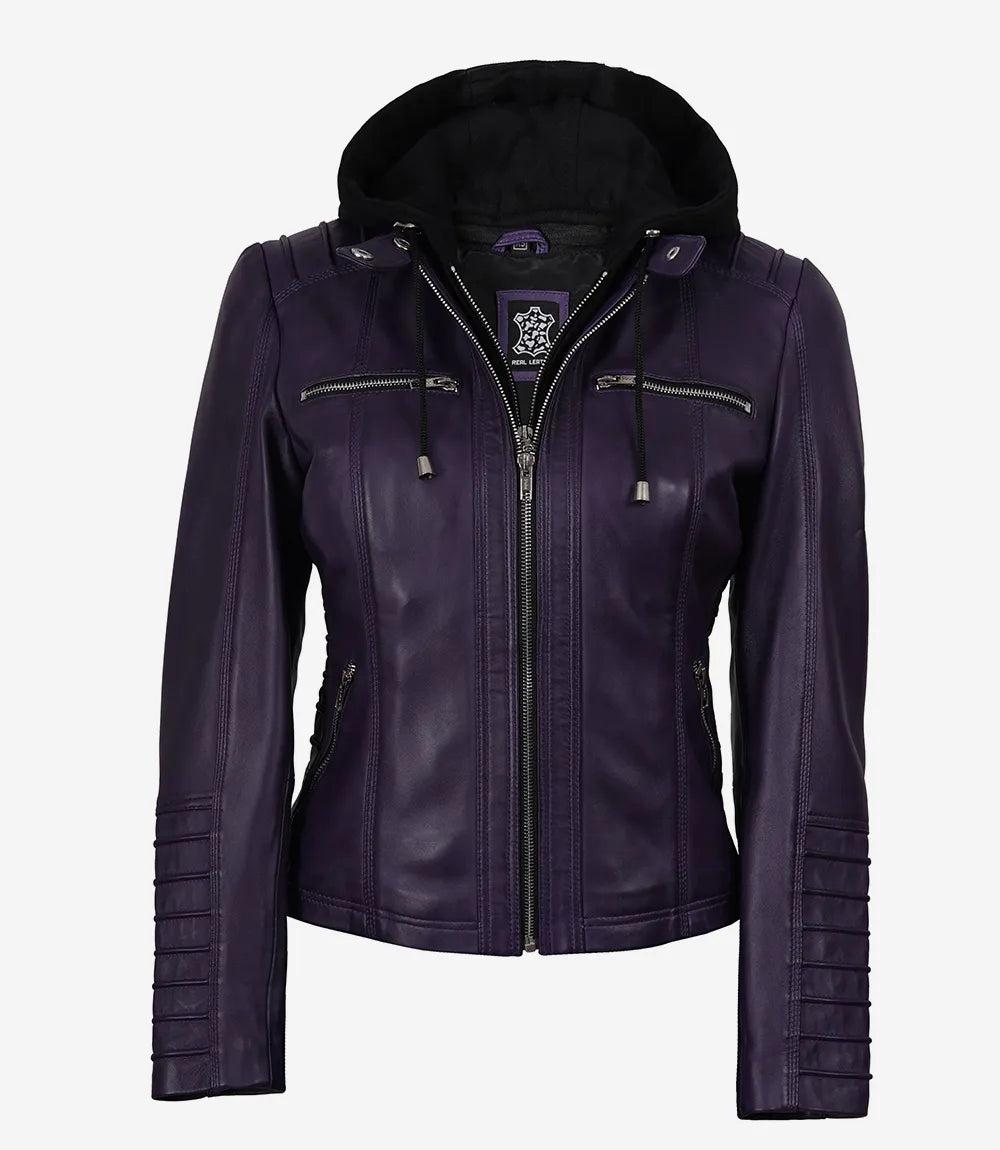 Women's Purple Lambskin Leather Jacket with Detachable Hood