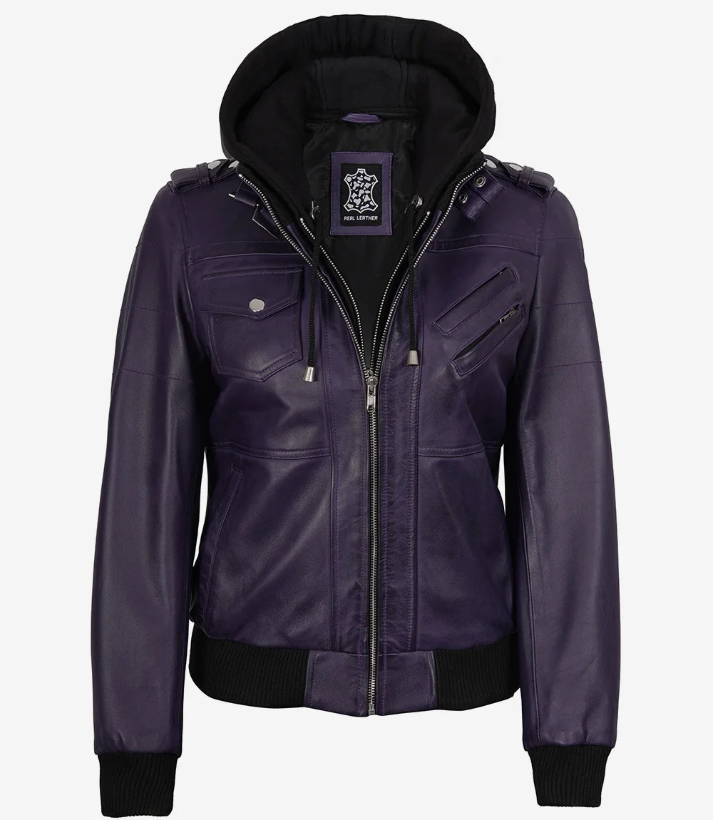 Women's Purple Leather Jacket — Removable Hood