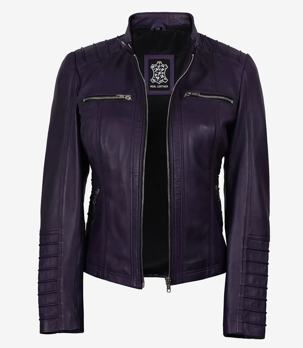 Women's Purple Lambskin Leather Jacket with Detachable Hood