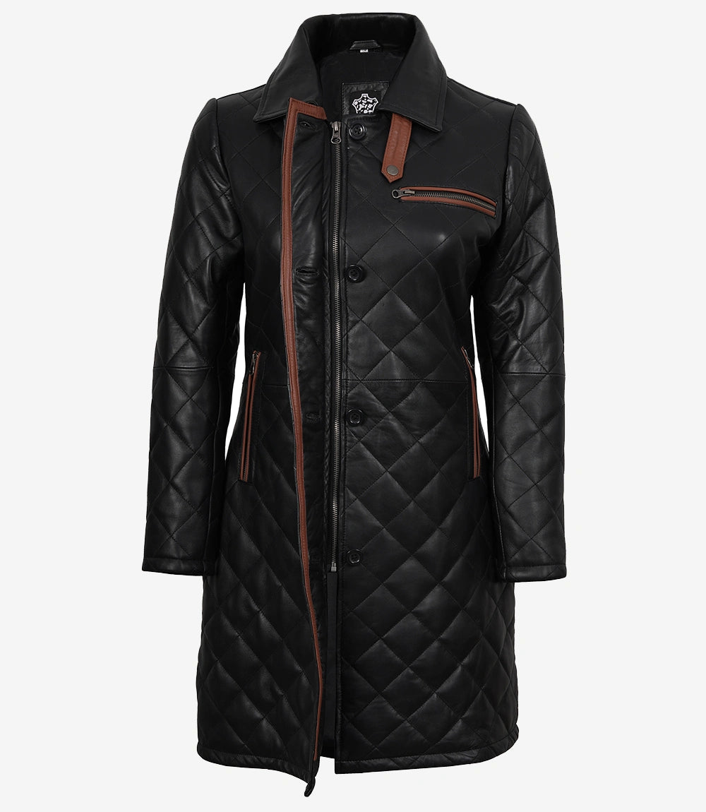 Women's Black Quilted Real Leather Car Coat