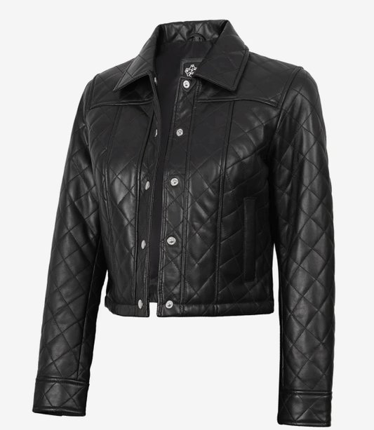 Women's Black Quilted Cropped Leather Jacket