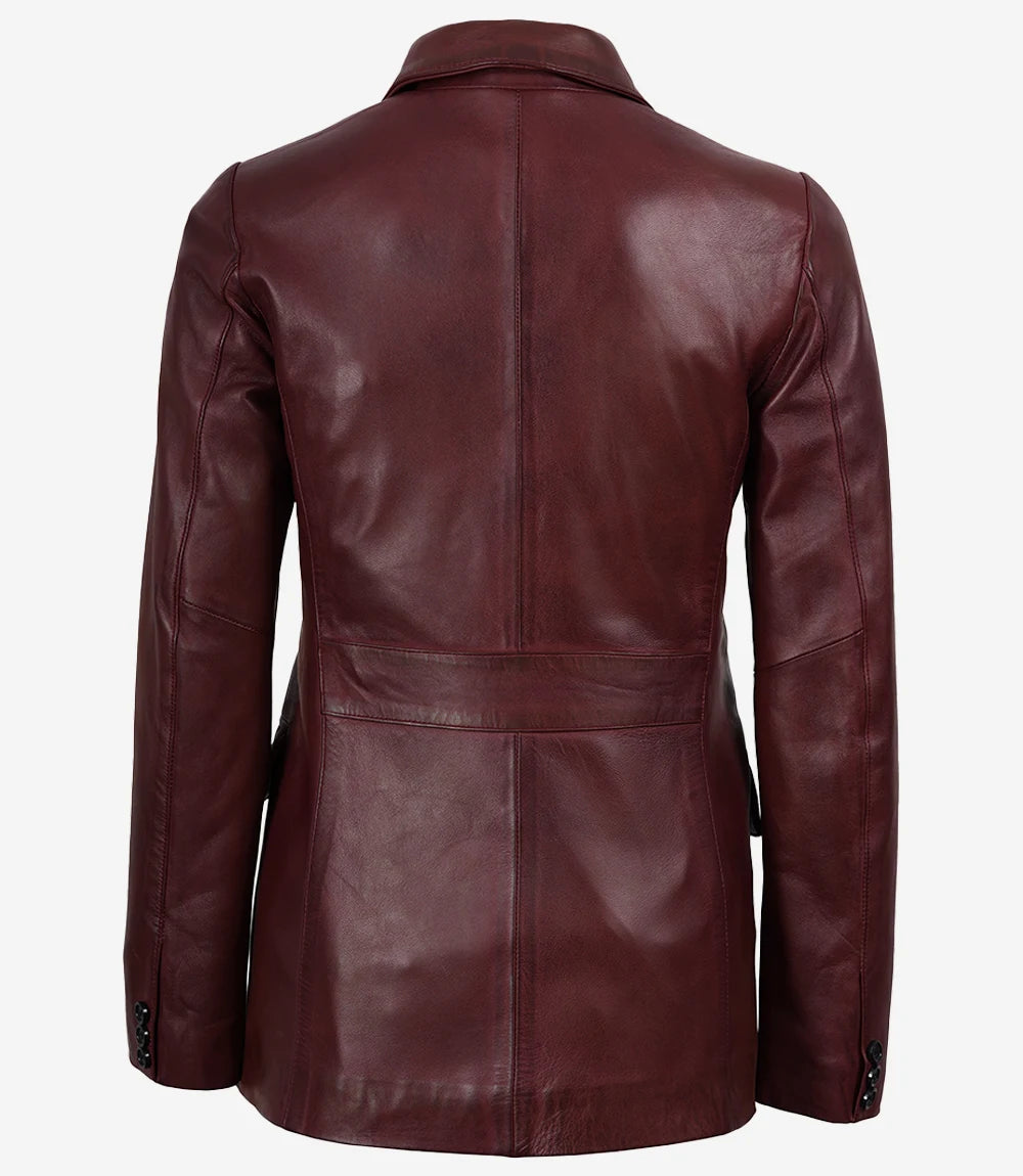 Women's Two Button Burgundy Wax Real Leather Blazer