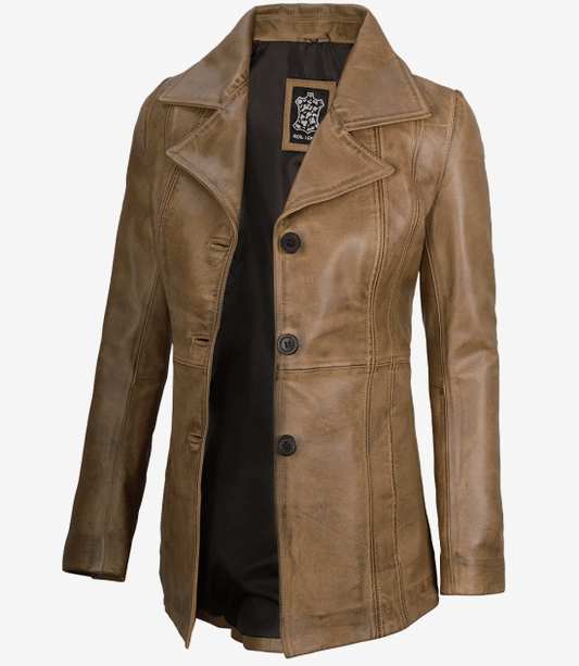 Women's Three Button Camel Real Leather Blazer