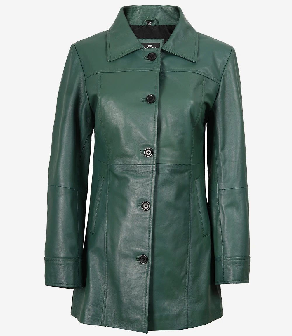 Women's Green Real Leather 3/4 Length Car Coat