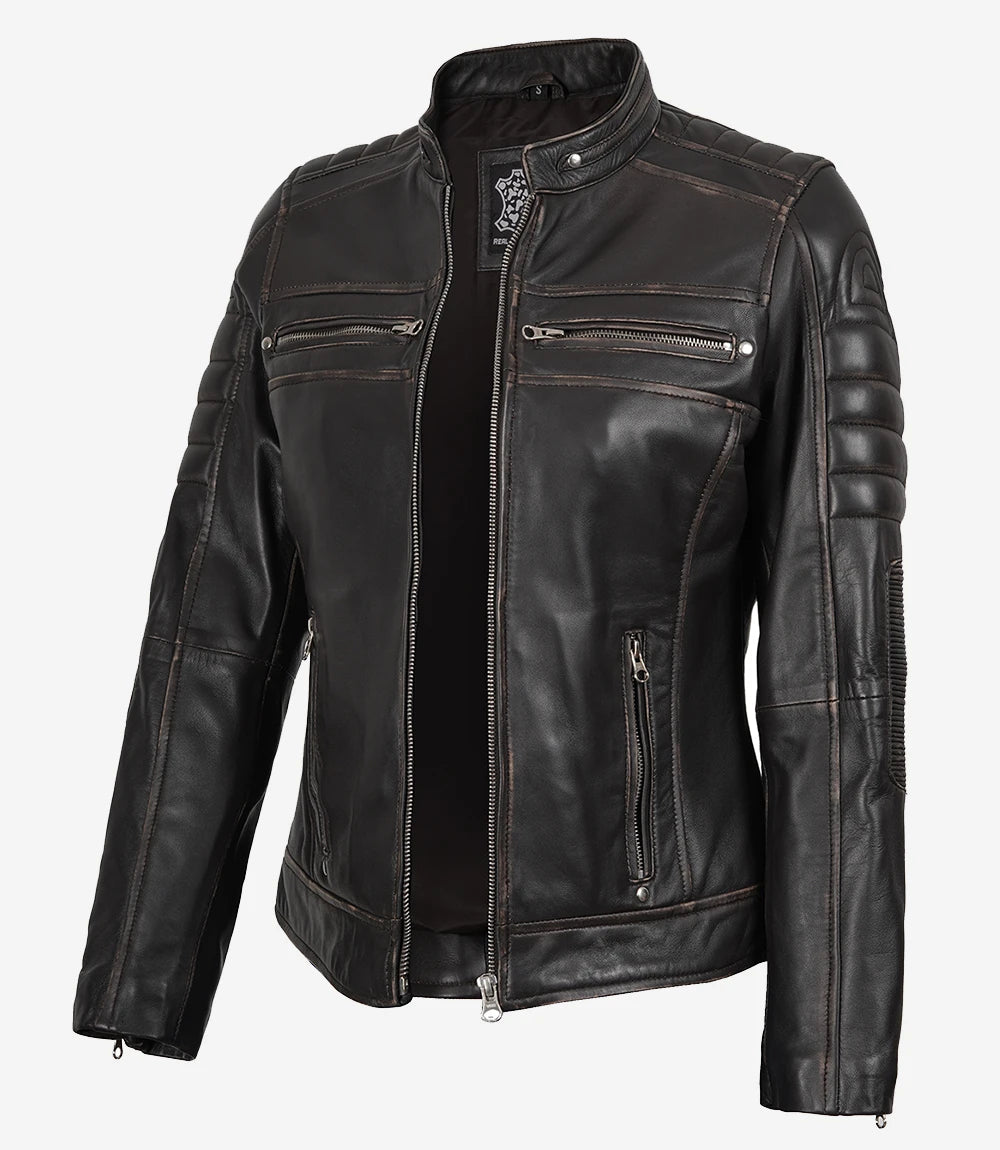 Women's Dark Brown Rub Off Cafe Racer Leather Jacket