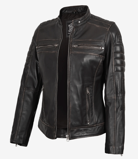 Women's Dark Brown Rub Off Cafe Racer Leather Jacket