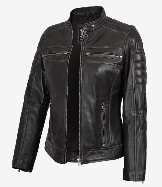Women's Dark Brown Rub Off Cafe Racer Leather Jacket