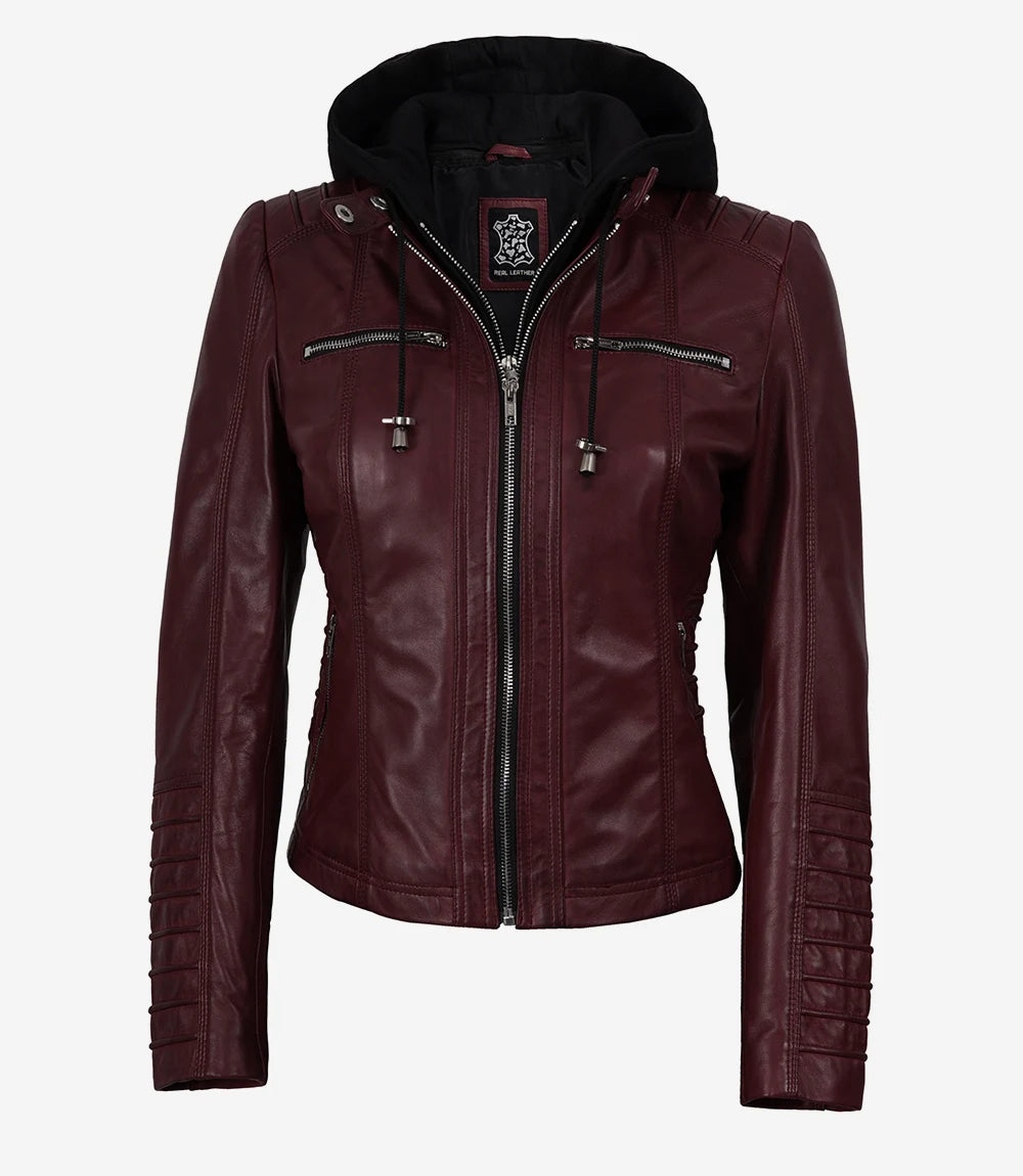 Burgundy Wax Real Leather Jacket - Removable Hood