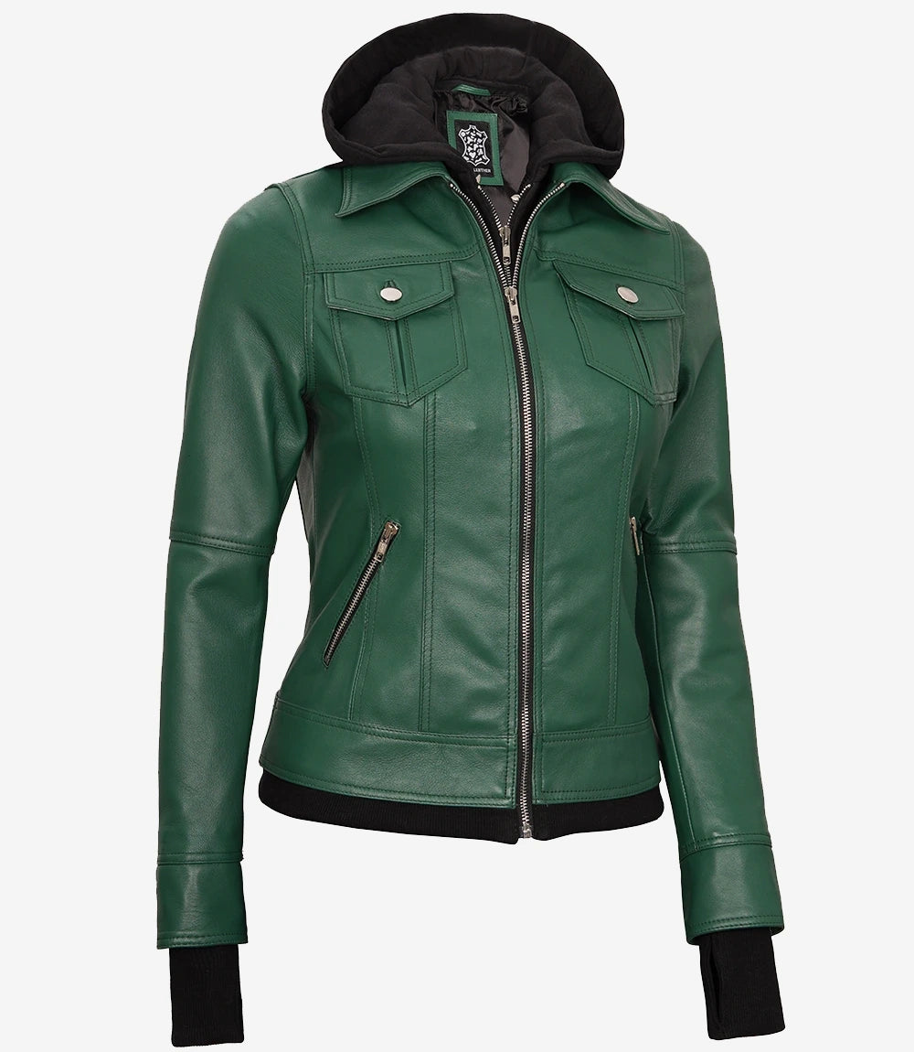 Tralee Women's Green Real Leather Jacket with Hood