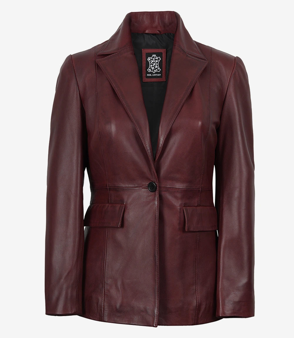 Women's Single-Button Lambskin Leather Blazer – Burgundy Wax
