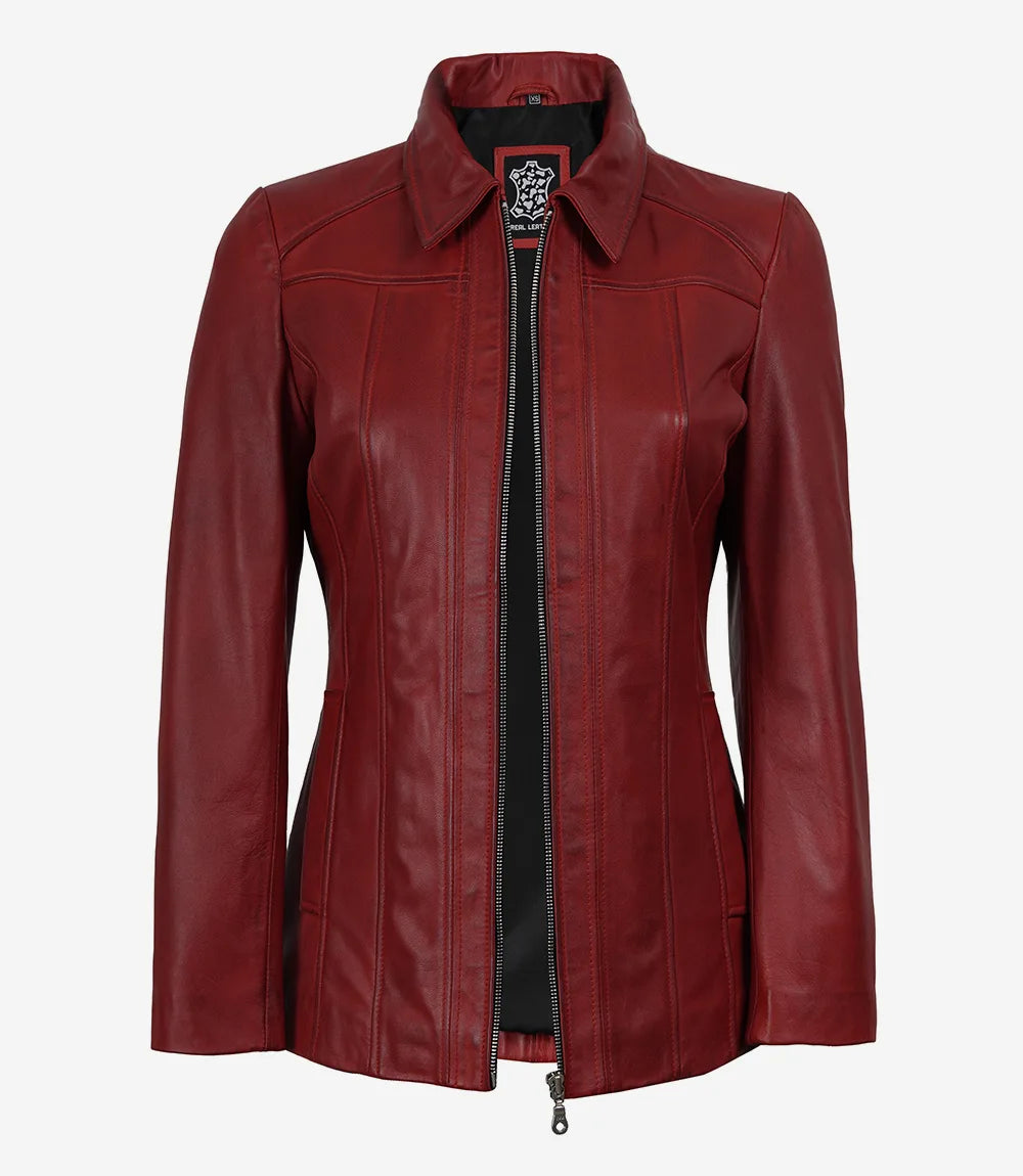 Women's Red Leather Car Coat with Shirt Collar