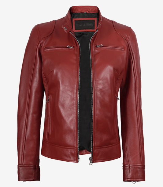 Women's Cafe Racer Red Leather Jacket