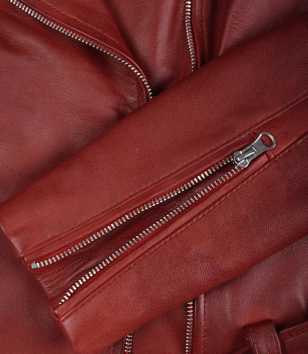 Women's Red Lambskin Leather Biker Jacket — Asymmetric Zip