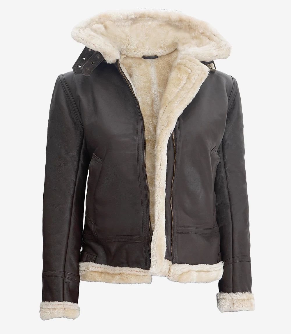 Women's Dark Brown Shearling Hooded Leather Jacket