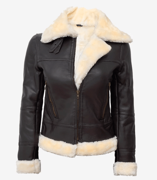 Women's Dark Brown Leather Bomber Jacket with Beige Faux Shearling.