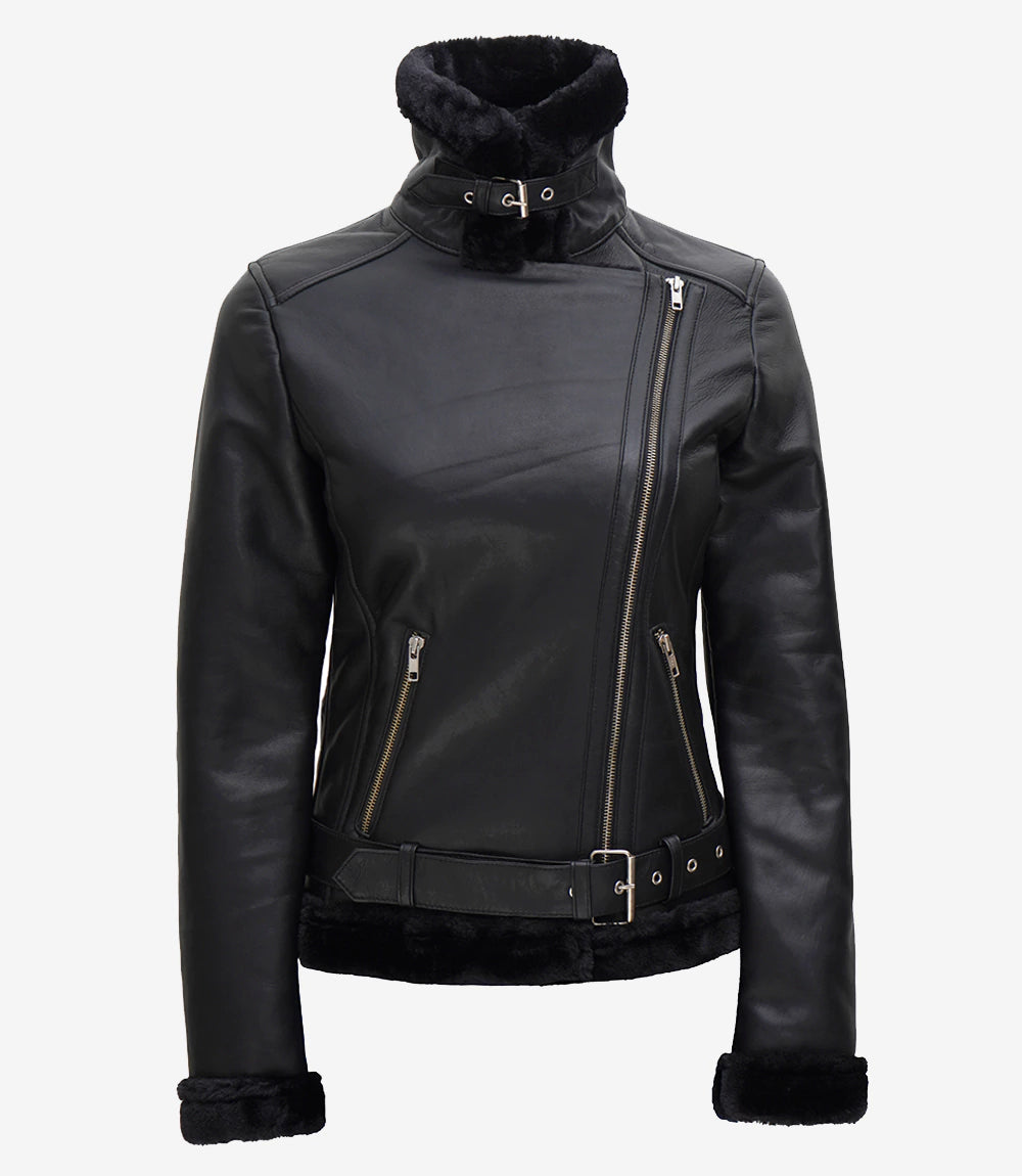 Women's Black Asymmetrical Shearling Leather Jacket