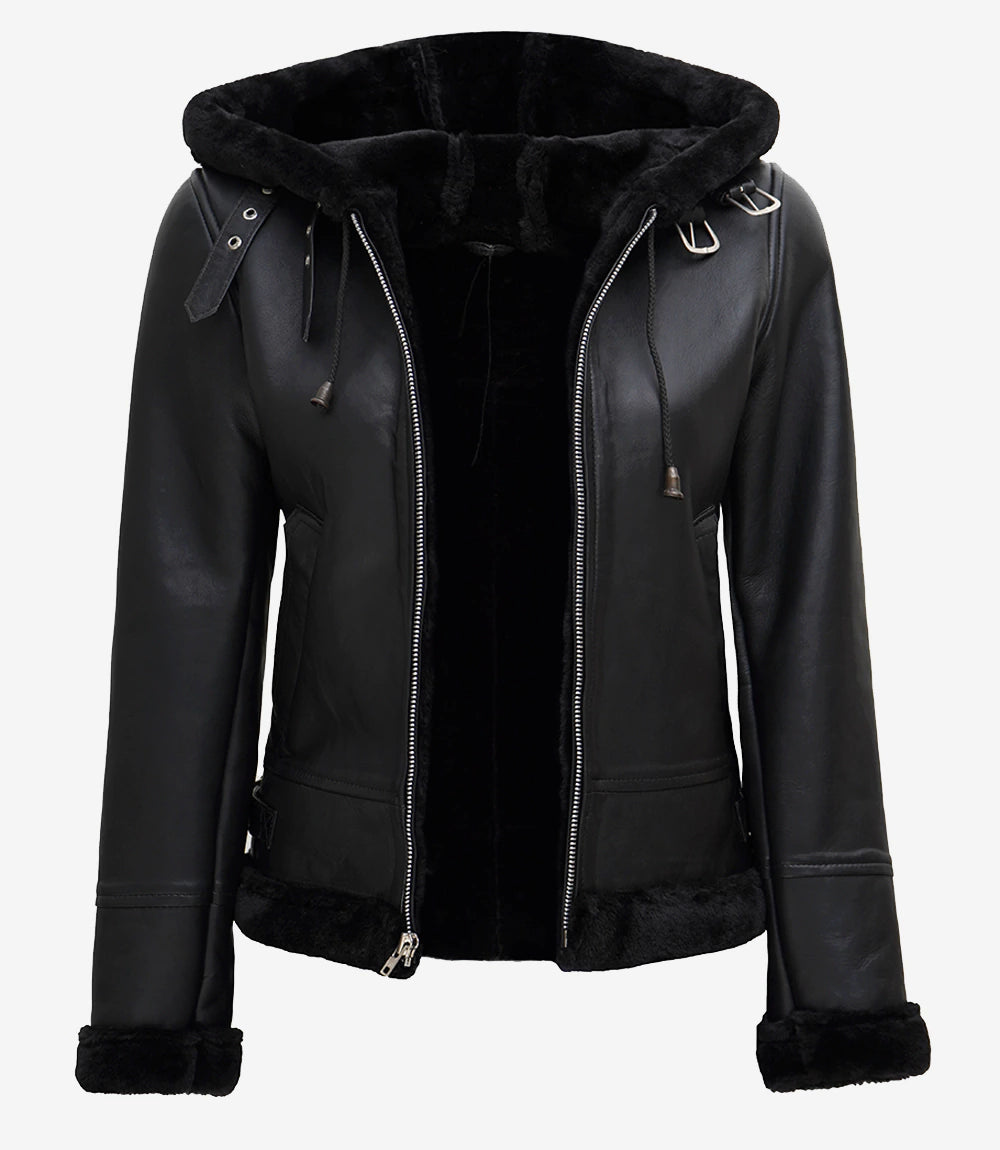 Women's Black Leather Jacket — With Black Faux Fur Hood