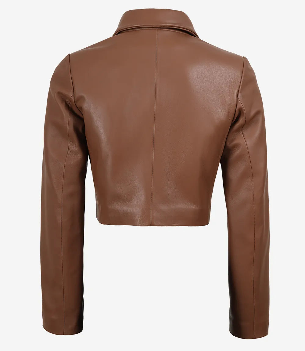 Women's Cognac Brown Single Button Cropped Leather Blazer