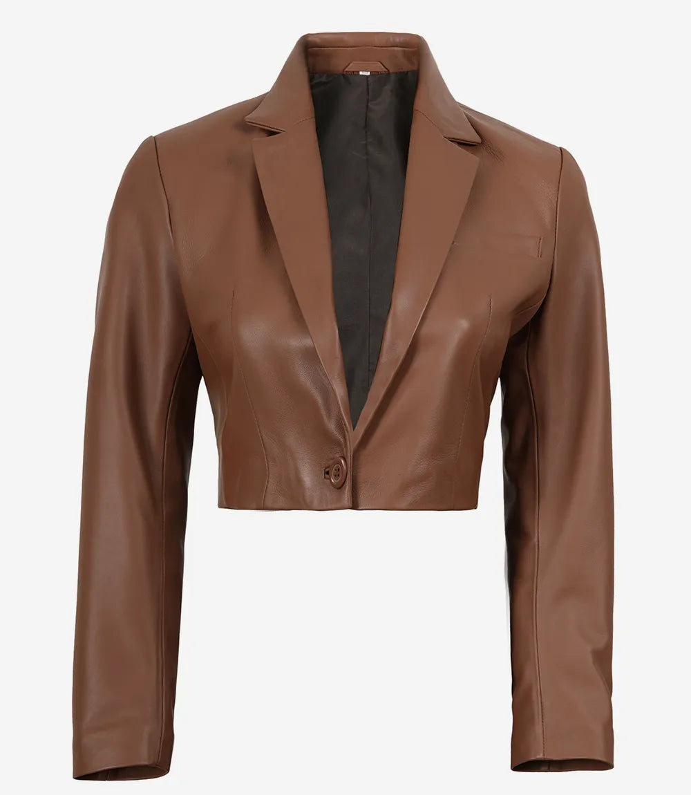 Women's Cognac Brown Single Button Cropped Leather Blazer