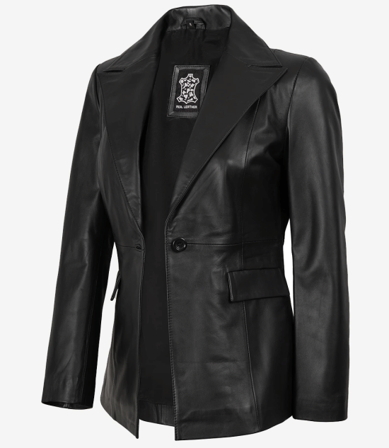 Women's Single Button Black Real Leather Blazer