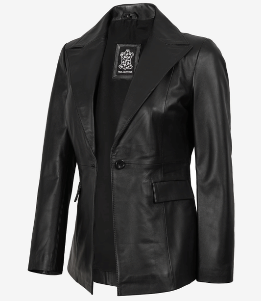 Women's Single Button Black Real Leather Blazer