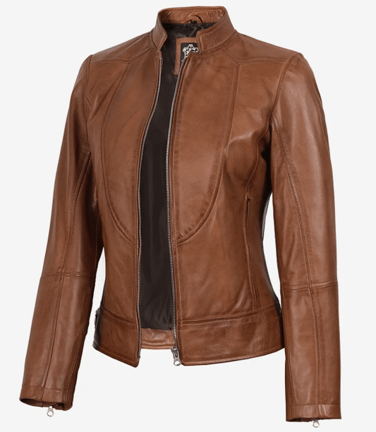 Women's Tan Brown Lambskin Leather Cafe Racer Jacket