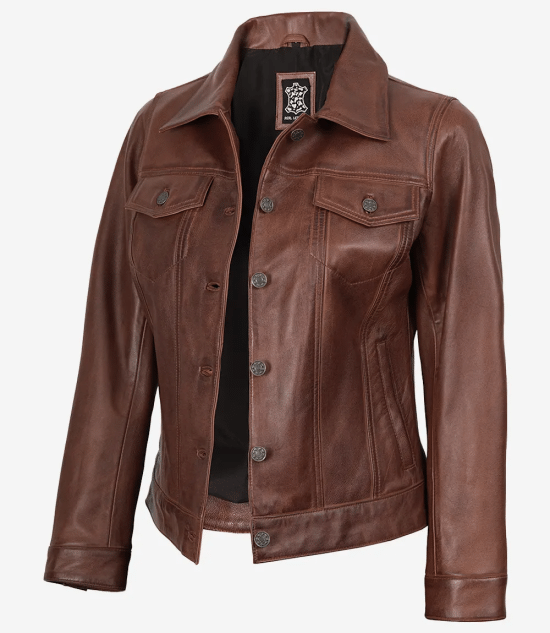 Women's Cognac Brown Trucker Leather Jacket