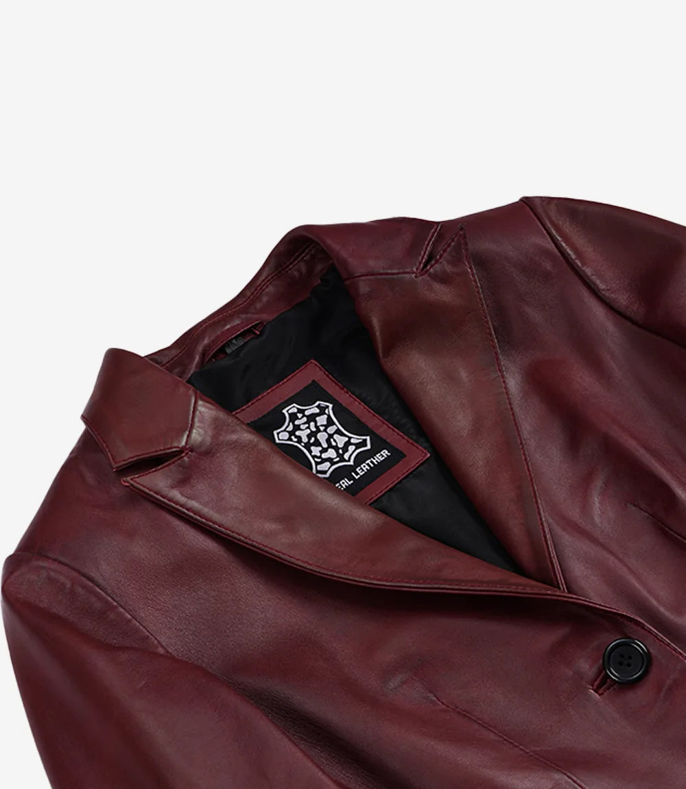 Women's Two Button Burgundy Wax Real Leather Blazer